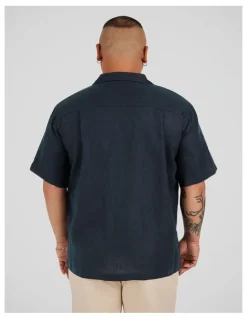 Johnny Bigg Luxe Linen Boxy Fit Shirt in Navy