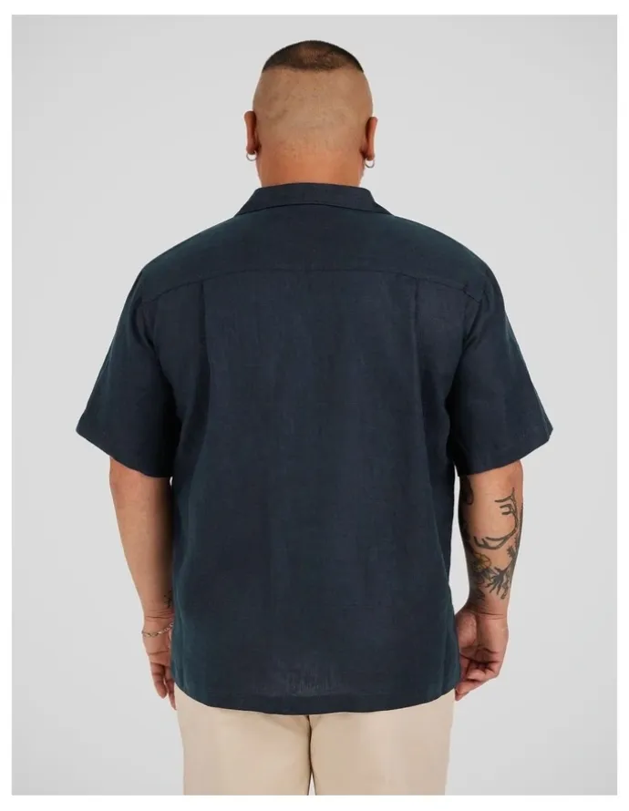 Johnny Bigg Luxe Linen Boxy Fit Shirt in Navy
