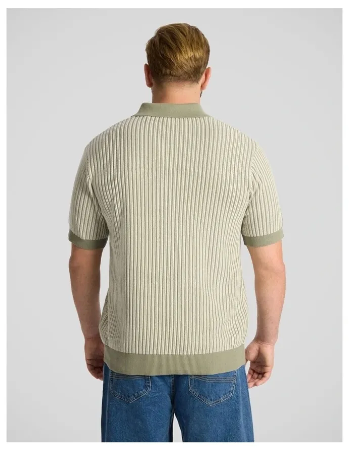 Johnny Bigg Travis Stripe Knit Polo in Sage