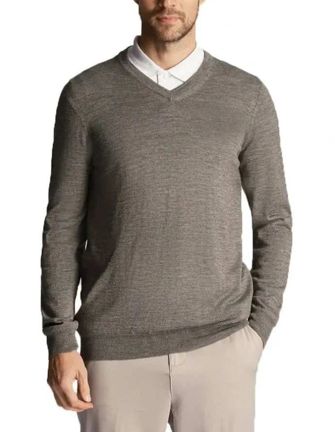 Lyle & Scott Tonal Eagle Merino Blend V Neck Knit in Mid Grey Marl