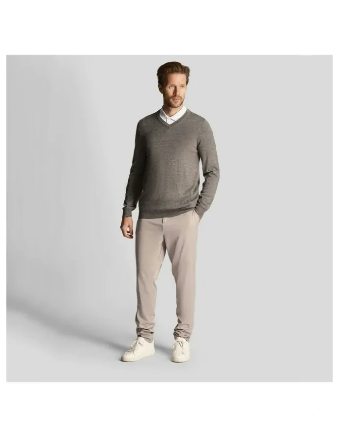 Lyle & Scott Tonal Eagle Merino Blend V Neck Knit in Mid Grey Marl