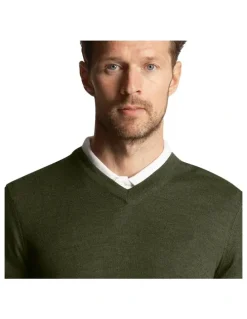 Lyle & Scott Tonal Eagle Merino Blend V Neck Knit in Cactus Green