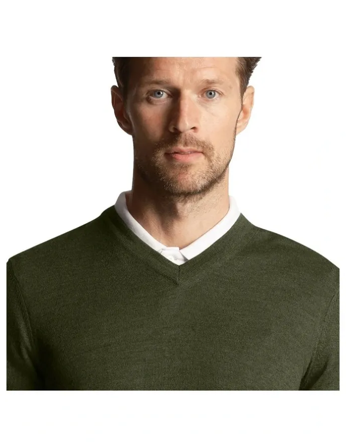 Lyle & Scott Tonal Eagle Merino Blend V Neck Knit in Cactus Green