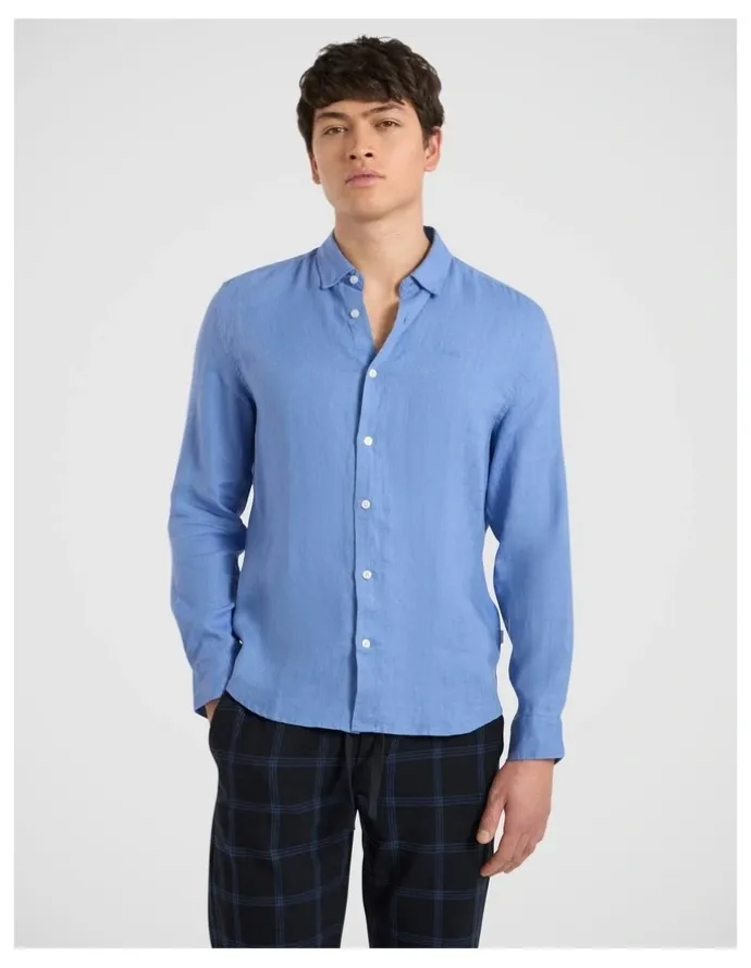 Marcs Felix Long Sleeve Linen Shirt in Light Cobalt