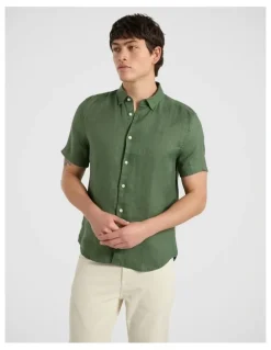 Marcs Felix Short Sleeve Linen Shirt in Seaweed