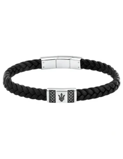 Maserati Gun Metal Leather Bracelet in Black