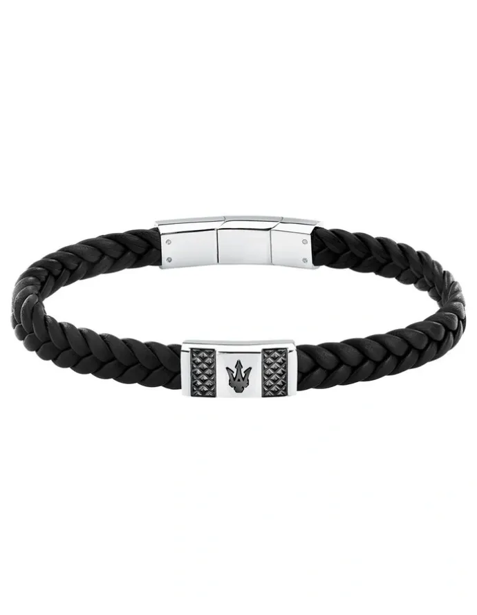 Maserati Gun Metal Leather Bracelet in Black