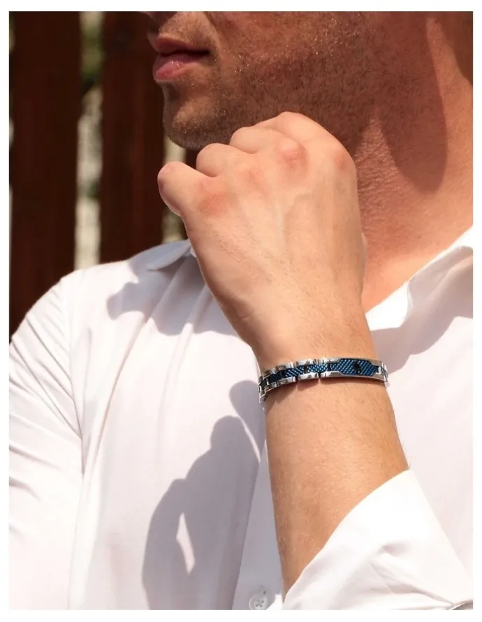 Maserati Stainless Steel Bracelet with Blue Carbon Fibre Highlights