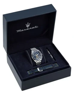 Maserati Velocita Chrono Dial Stainless Steel Strap And Leather Strap Watch 43mm in Silver