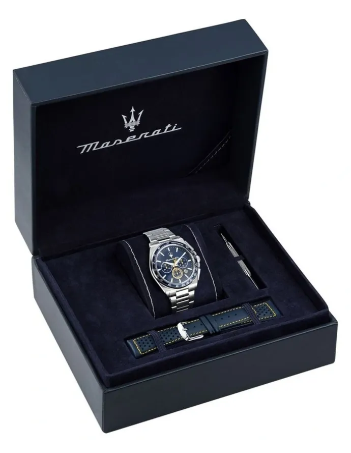 Maserati Velocita Chrono Dial Stainless Steel Strap And Leather Strap Watch 43mm in Silver