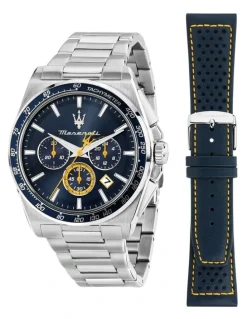 Maserati Velocita Chrono Dial Stainless Steel Strap And Leather Strap Watch 43mm in Silver