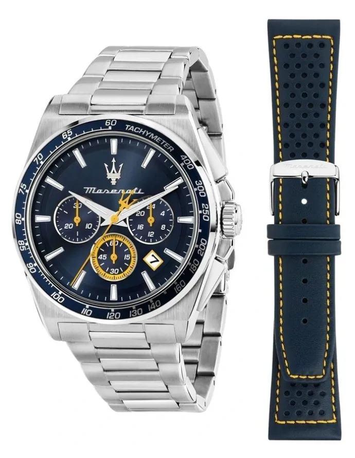 Maserati Velocita Chrono Dial Stainless Steel Strap And Leather Strap Watch 43mm in Silver