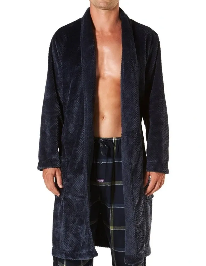 Mitch Dowd Waffle Texture Coral Fleece Dressing Gown in Grey Marle