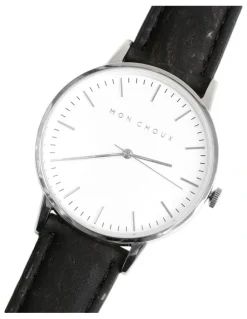 Mon Choux Classic Black Cork Vegan Leather Watch 38mm in White/Silver