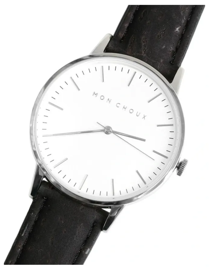 Mon Choux Classic Black Cork Vegan Leather Watch 38mm in White/Silver