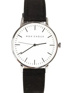 Mon Choux Classic Black Cork Vegan Leather Watch 38mm in White/Silver
