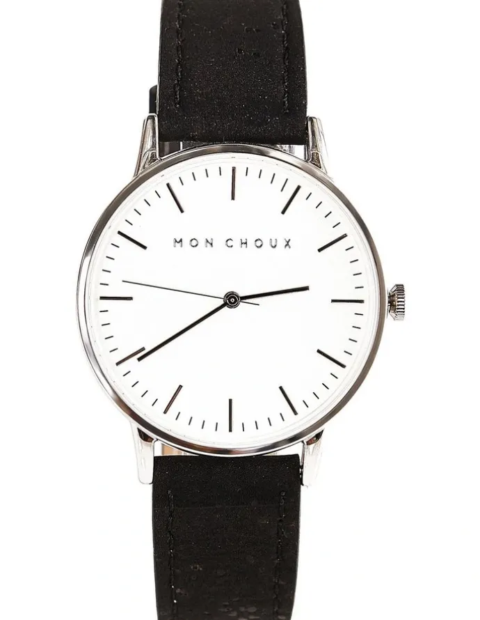Mon Choux Classic Black Cork Vegan Leather Watch 38mm in White/Silver