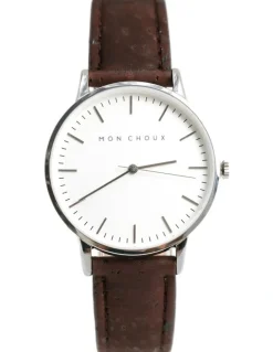 Mon Choux Classic Brown Cork Vegan Leather Watch 38mm in Silver