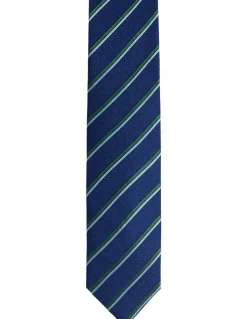 Oxford Walker Stripe Silk Tie 7cm in Navy/Green