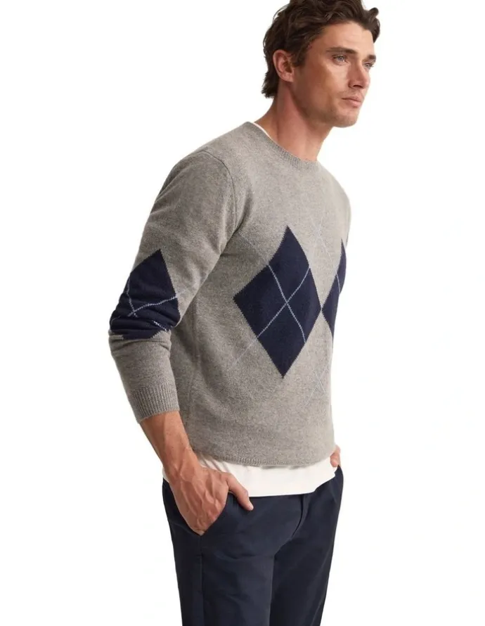 Oxford Anton Wool Argyle Crew Neck in Grey