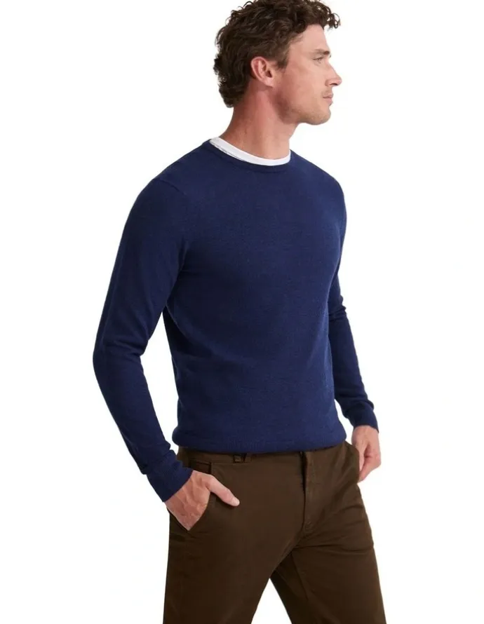 Oxford Crew Neck Pure Merino Wool Pullover in Navy