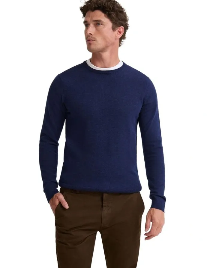 Oxford Crew Neck Pure Merino Wool Pullover in Navy
