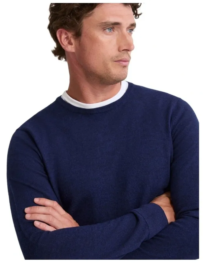Oxford Crew Neck Pure Merino Wool Pullover in Navy