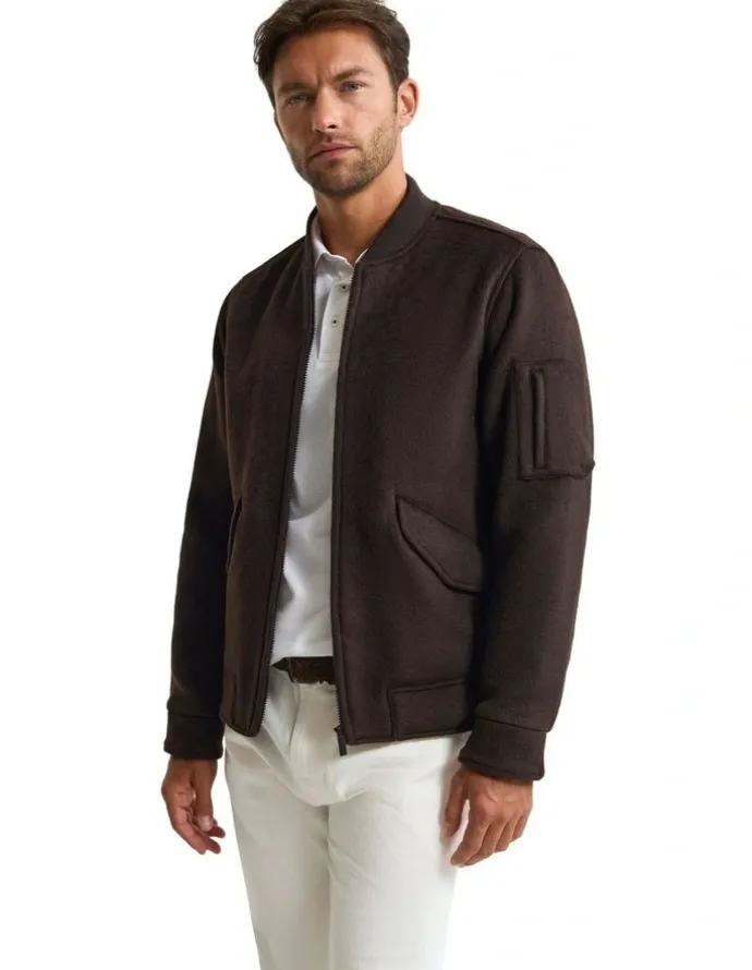 Oxford Hamish Wool Blend Bomber Jacket in Chocolate
