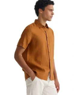 Oxford Leyton French Linen Short Sleeve Shirt in Rust