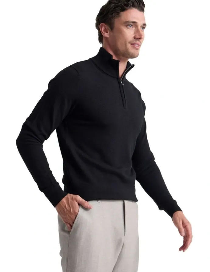 Oxford Merino Zip-Neck Wool Pullover in Black