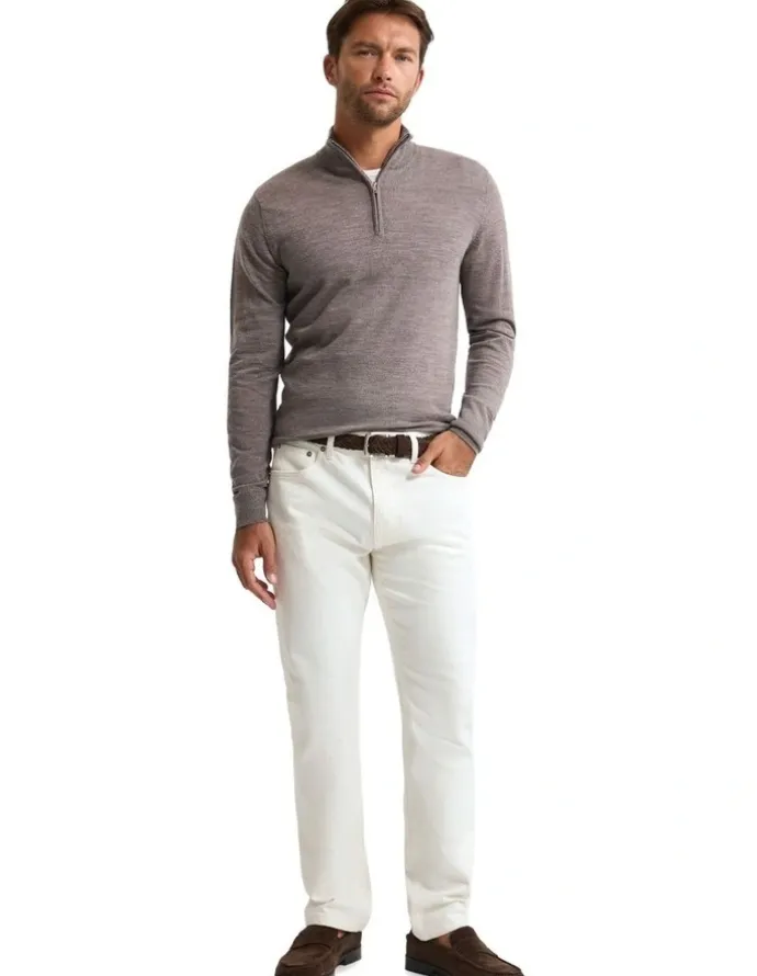 Oxford Merino Zip-Neck Wool Pullover in Bark
