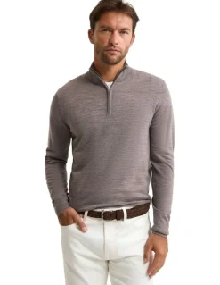 Oxford Merino Zip-Neck Wool Pullover in Bark