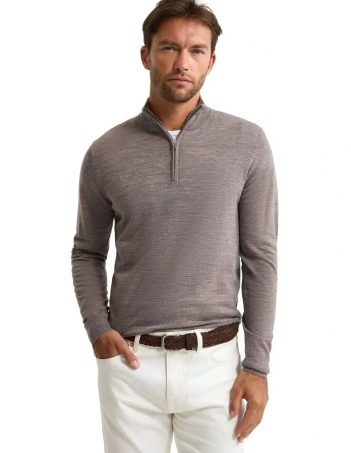 Oxford Merino Zip-Neck Wool Pullover in Bark