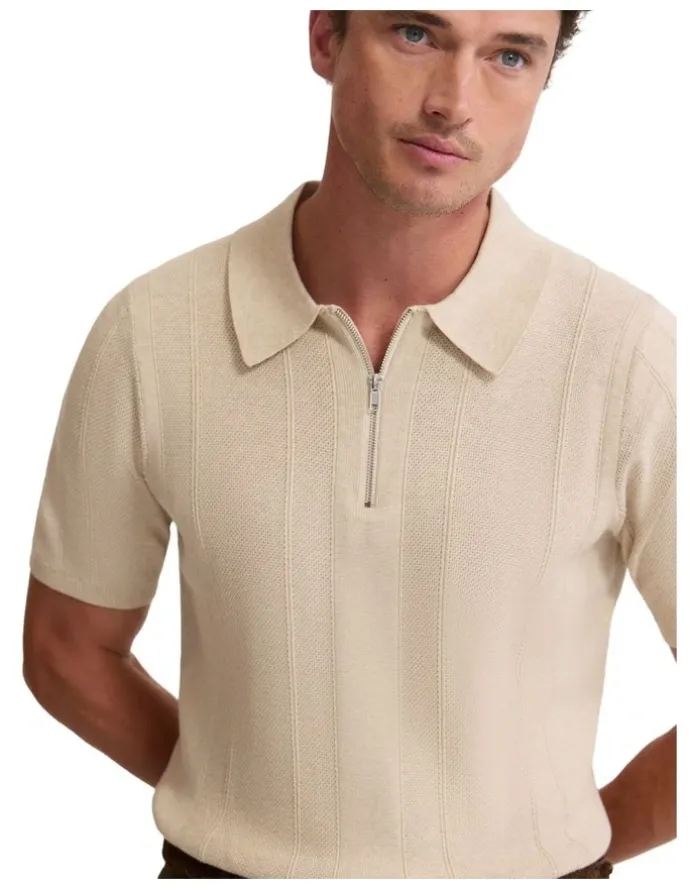 Oxford Remy Zip Neck Polo T-shirt in Pebble