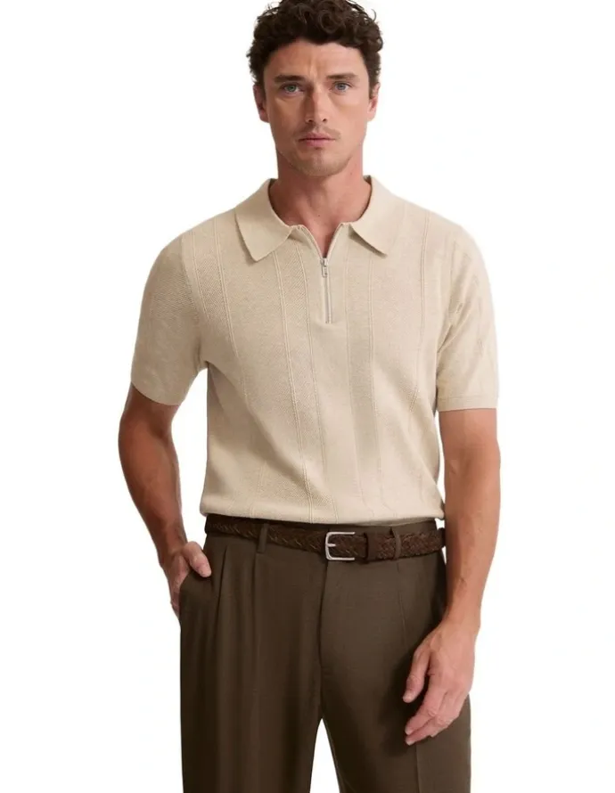 Oxford Remy Zip Neck Polo T-shirt in Pebble