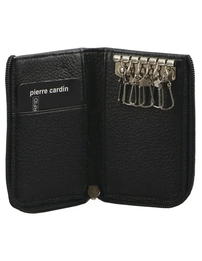 PIERRE CARDIN Italian Leather Key + Credit Card Holder in Black