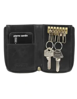 PIERRE CARDIN Italian Leather Key + Credit Card Holder in Black