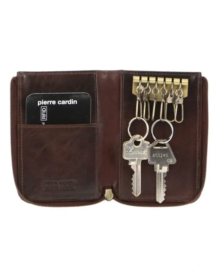 PIERRE CARDIN Italian Leather Key + Credit Card Holder in Chocolate