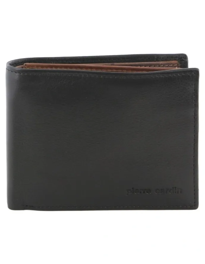 PIERRE CARDIN Italian Leather Two Tone Tri-Fold Wallet in Black/Cognac