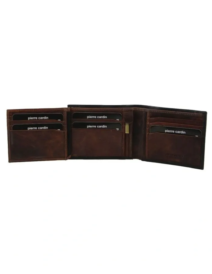 PIERRE CARDIN Italian Leather Two Tone Tri-Fold Wallet in Black/Cognac