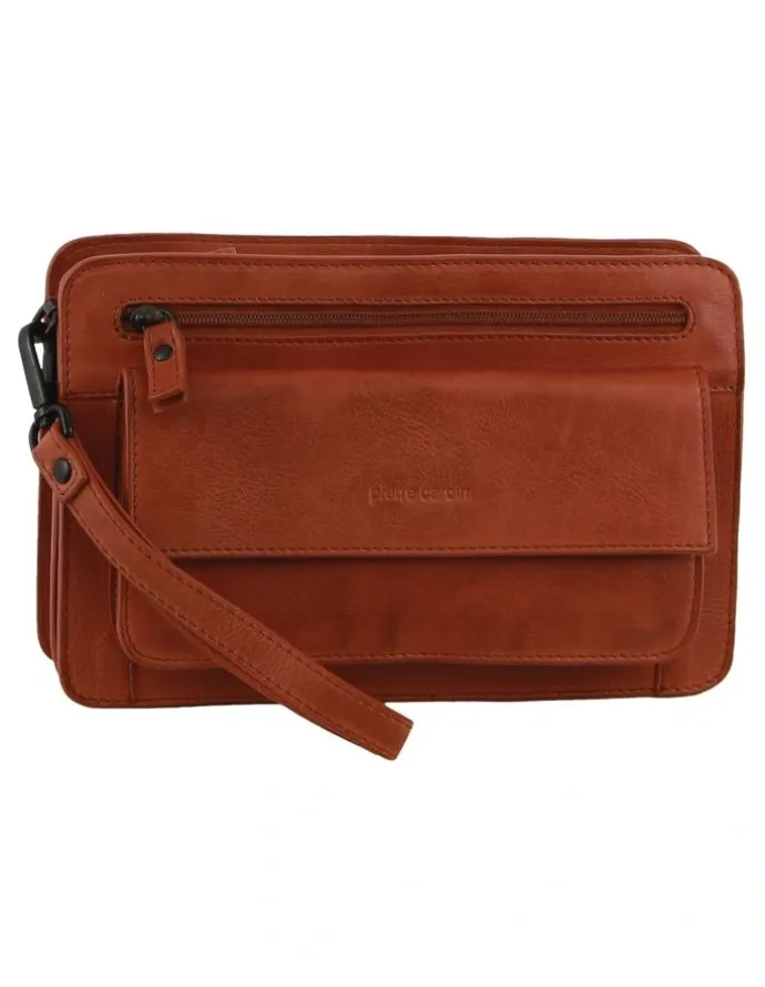 PIERRE CARDIN Leather Multi Compartment Organiser Bag in Cognac