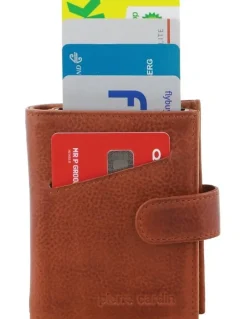 PIERRE CARDIN Leather Smart Slide Card Holder Tab Wallet in Tan