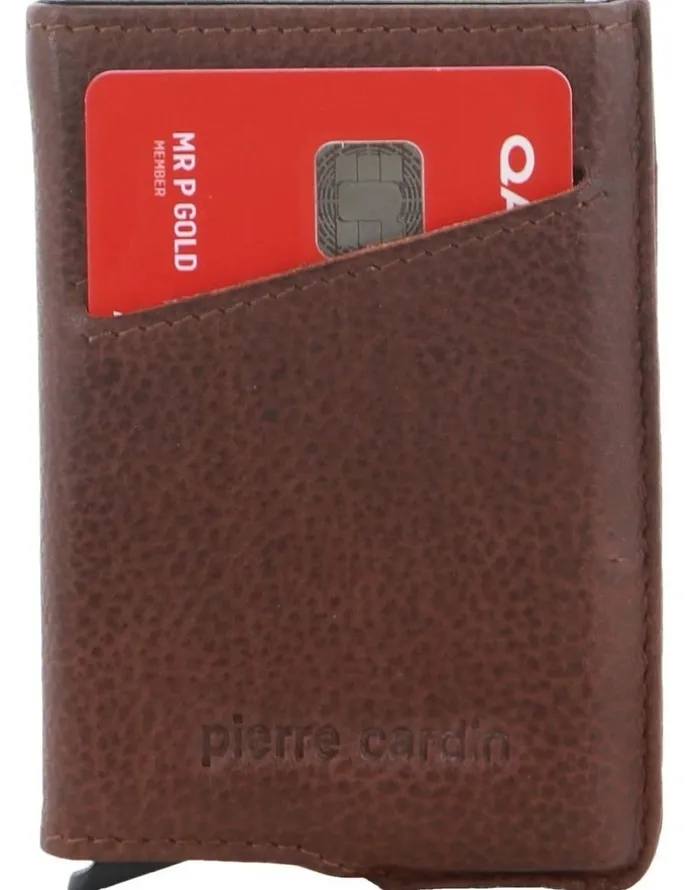 PIERRE CARDIN Leather Smart Slide Card Holder Tab Wallet in Brown