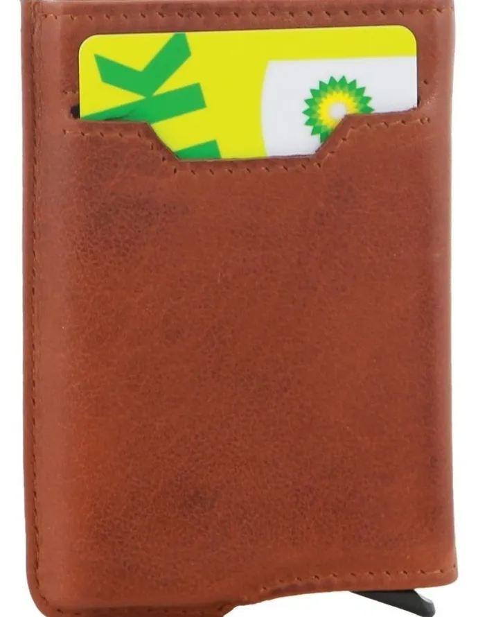 PIERRE CARDIN Leather Smart Slide Card Holder Tab Wallet in Cognac