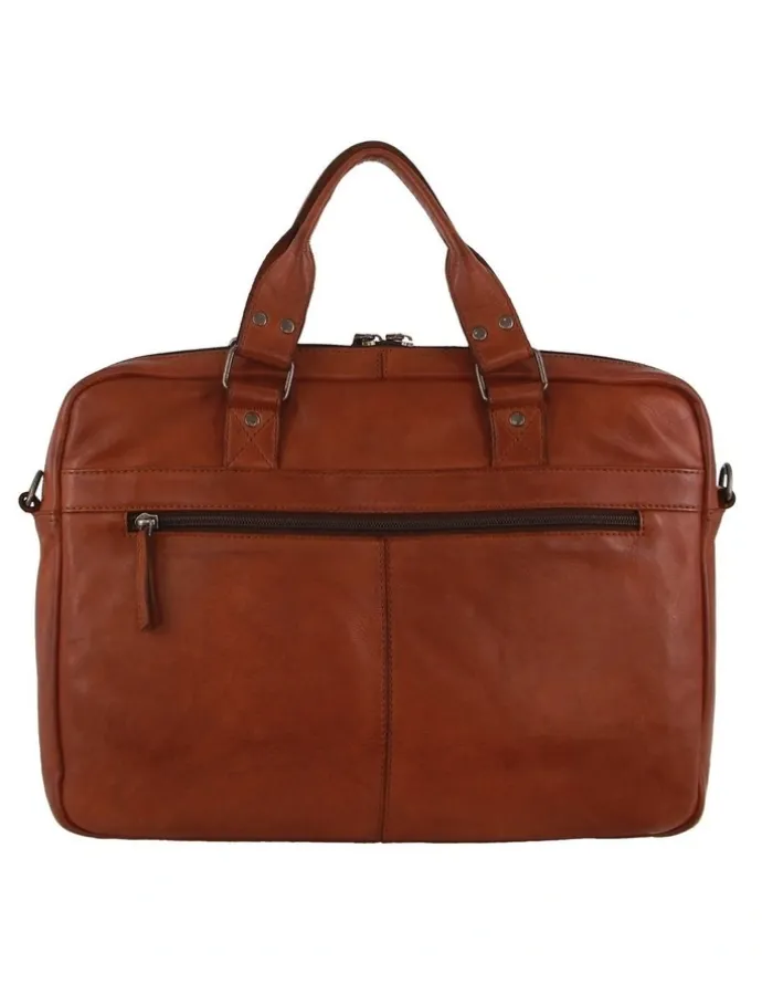 PIERRE CARDIN Multi-Compartment Leather Computer Bag in Cognac
