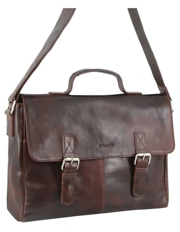 PIERRE CARDIN Rustic Leather Computer Bag in Chocolate