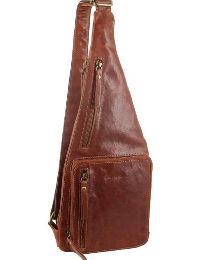 PIERRE CARDIN Rustic Leather Sling Bag in Chestnut