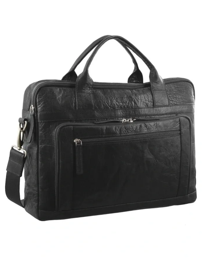 PIERRE CARDIN Rustic Leather Laptop Business Bag in Black