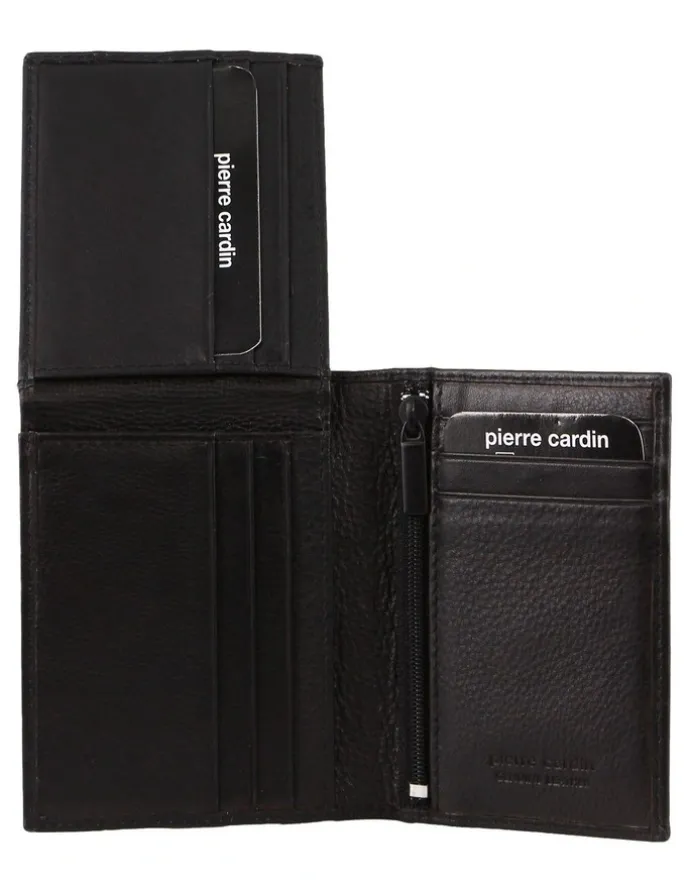 PIERRE CARDIN Rustic Leather Bi-Fold Flap Wallet in Black