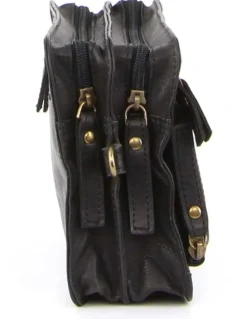 PIERRE CARDIN Rustic Leather Organizer Bag in Black